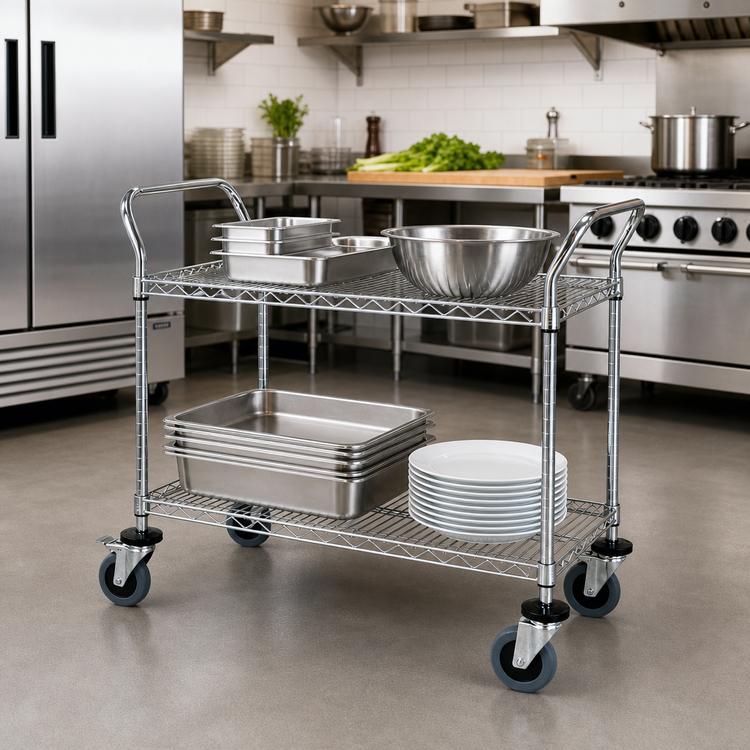 Product image #2 for Conductive Two-Shelf Wire Utility Bus Cart, 48 x 18 Inch, Chrome Plated Finish