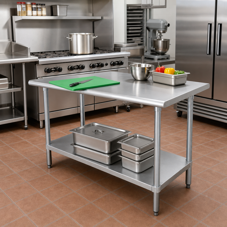 Product image #2 for Advance Tabco Special Value Series 48 Inch x 24 Inch Heavy Duty Flat Top Stainless Steel Work Table with Adjustable Undershelf
