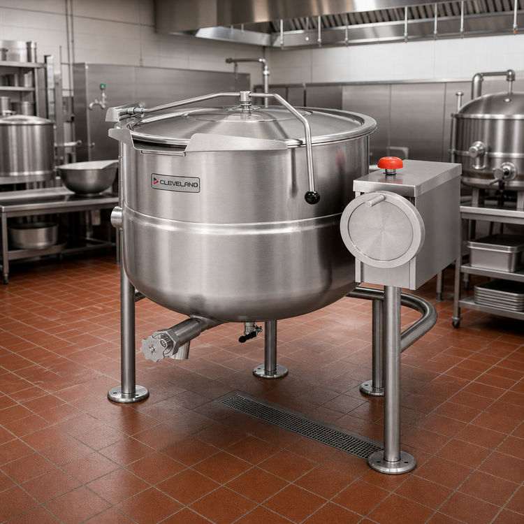 Product image #2 for Cleveland Range KDL150T 150-Gallon Direct Steam Tilting Steam Kettle with Open Quad-Leg Base