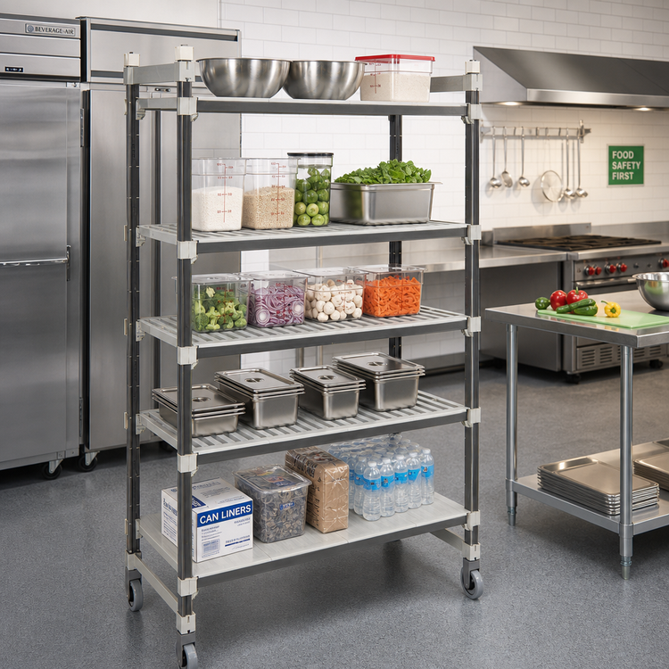 Product image #2 for Cambro Camshelving Elements XTRA High Density Top Rail 5-Tier Mobile Starter Unit, 18 x 42 x 80 Inches, Speckled Gray