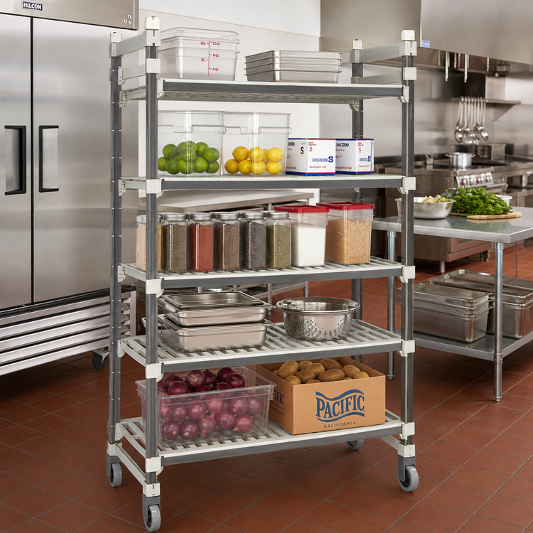 Product image #2 for Cambro Camshelving Elements XTRA High Density Top Rail 5-Tier Mobile Starter Unit, 18 x 42 x 80 Inches, Speckled Gray