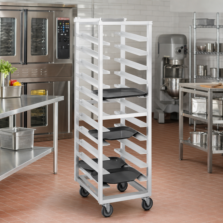 Product image #2 for Channel Aluminum Trapezoidal Cafeteria Tray Rack, Single Section, End-Load, 14-Tray Capacity, 5-Inch Swivel Stem Casters
