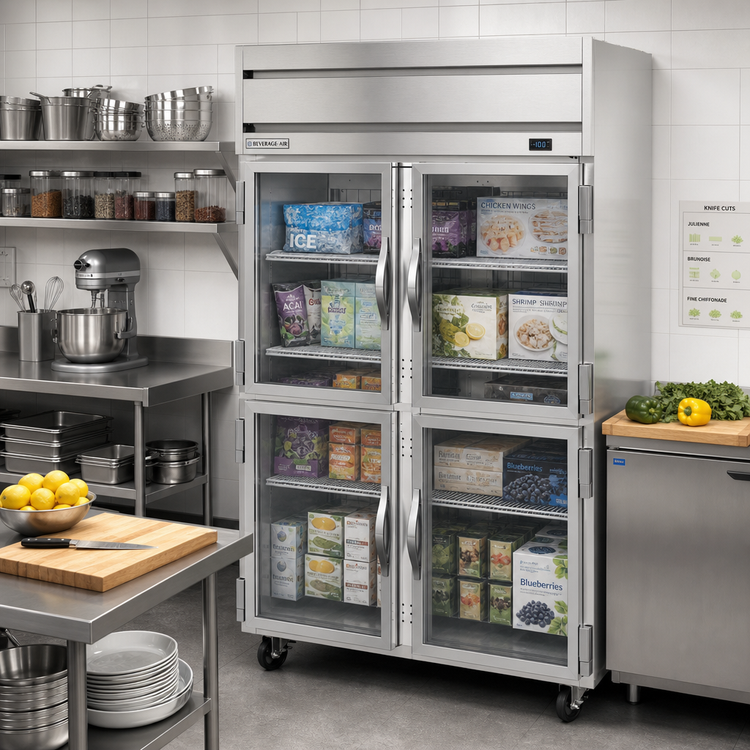 Product image #2 for Beverage-Air Horizon Series Two-Section Reach-In Freezer with Four Half Glass Doors, 46.29 Cu. Ft., Top-Mounted Self-Contained Refrigeration