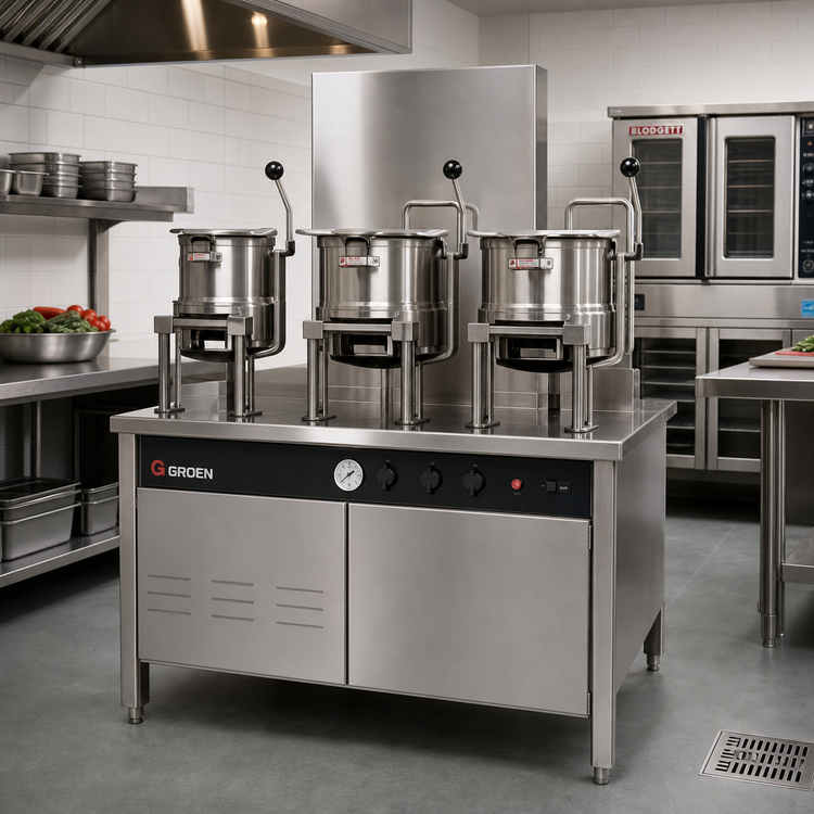 Product image #2 for Groen Electric Kettle Cabinet Assembly with 3 Hand-Tilt 20-Quart Kettles