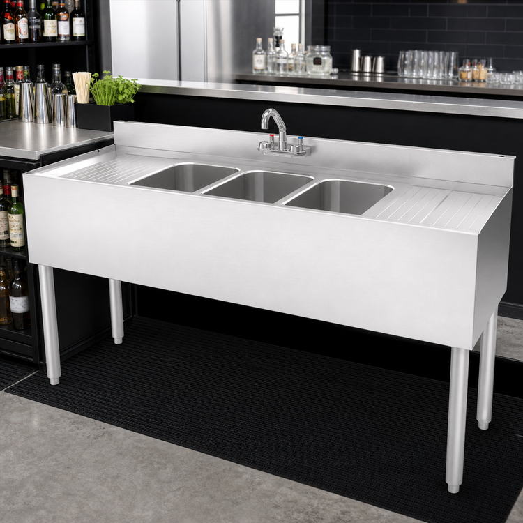 Product image #2 for Krowne Silver Series Three-Compartment Underbar Bar Sink with Left and Right Drainboards, 60-Inch W x 18.5-Inch D