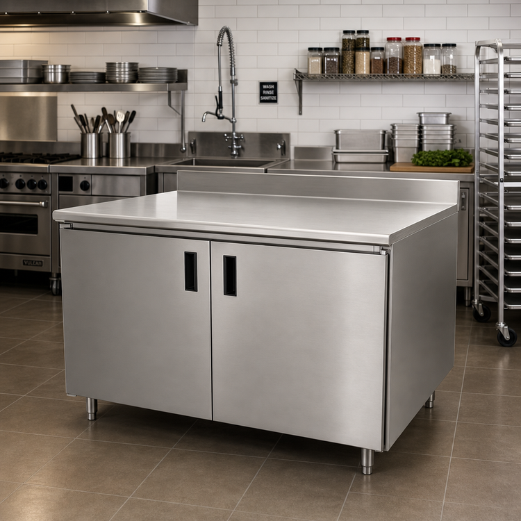 Product image #2 for Advance Tabco 84-Inch x 30-Inch Enclosed Stainless Steel Work Table with Cabinet Base, Hinged Doors, and 5-Inch Backsplash