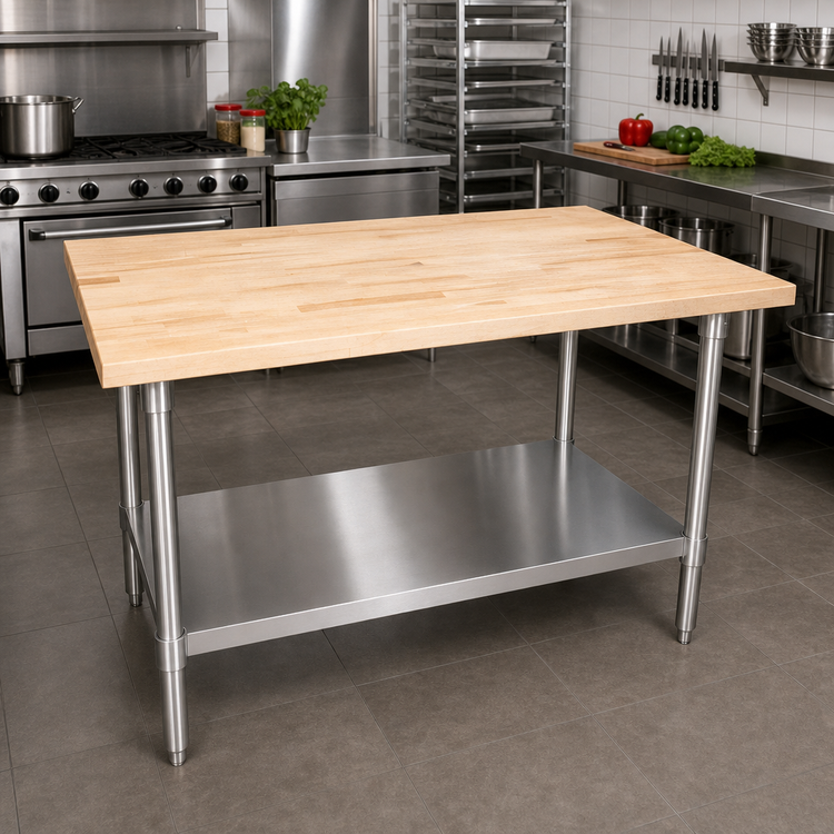 Product image #2 for BK Resources 60-Inch x 30-Inch Hard Maple Flat Top Work Table with Stainless Steel Legs and Undershelf
