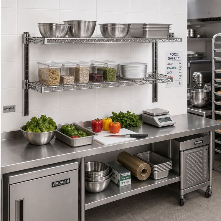 Product image #2 for Eagle Group CS1260-S 60"W x 12"D Stainless Steel Wire Cantilever Shelf with 1" Wraparound Ledge