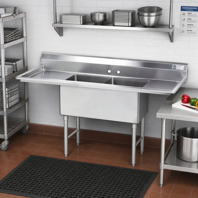Product image #2 for Advance Tabco Special Value Series 2-Compartment Fabricated Sink with Left and Right Drainboards, 16 Gauge 304 Stainless Steel