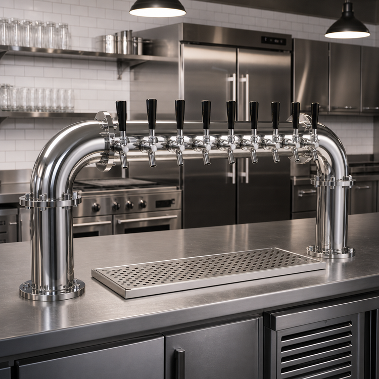 Product image #2 for Pipe Pass-Thru Countertop Draft Dispensing Tower with 8 Stainless Steel Faucets, Air-Cooled, 2 Columns, Mirror Finish