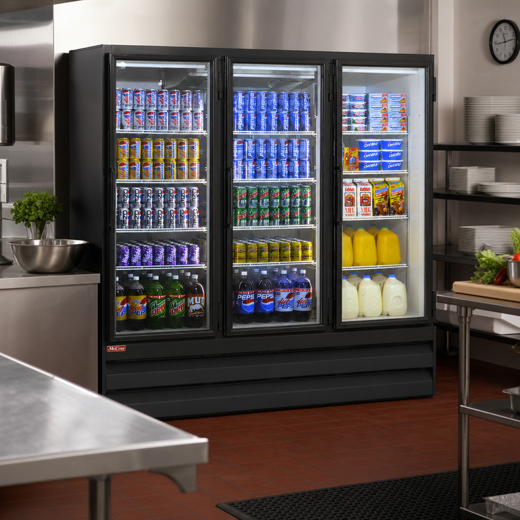 Product image #3 for Howard-McCray Three-Section Glass Door Reach-In Refrigerator Merchandiser, 75 Cu. Ft., Bottom-Mount, Black