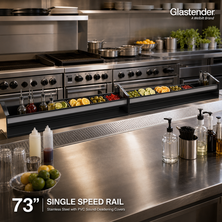 Product image #2 for Glastender 73-Inch Single Stainless Steel Speed Rail with PVC Sound-Deadening Covers