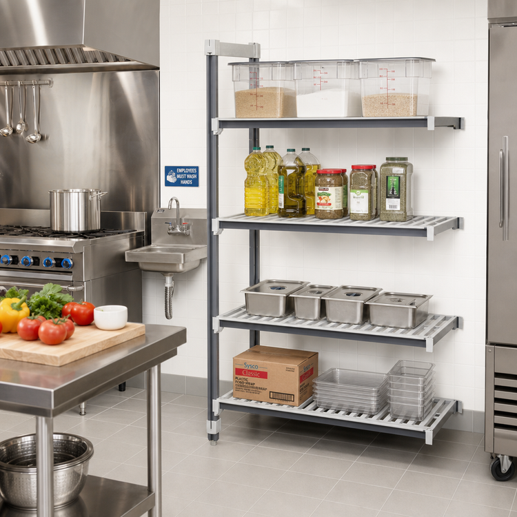 Product image #2 for Cambro Camshelving Elements XTRA 24" x 24" x 72" 4-Tier Vented Stationary Add-On Polymer Shelving Unit, Speckled Gray