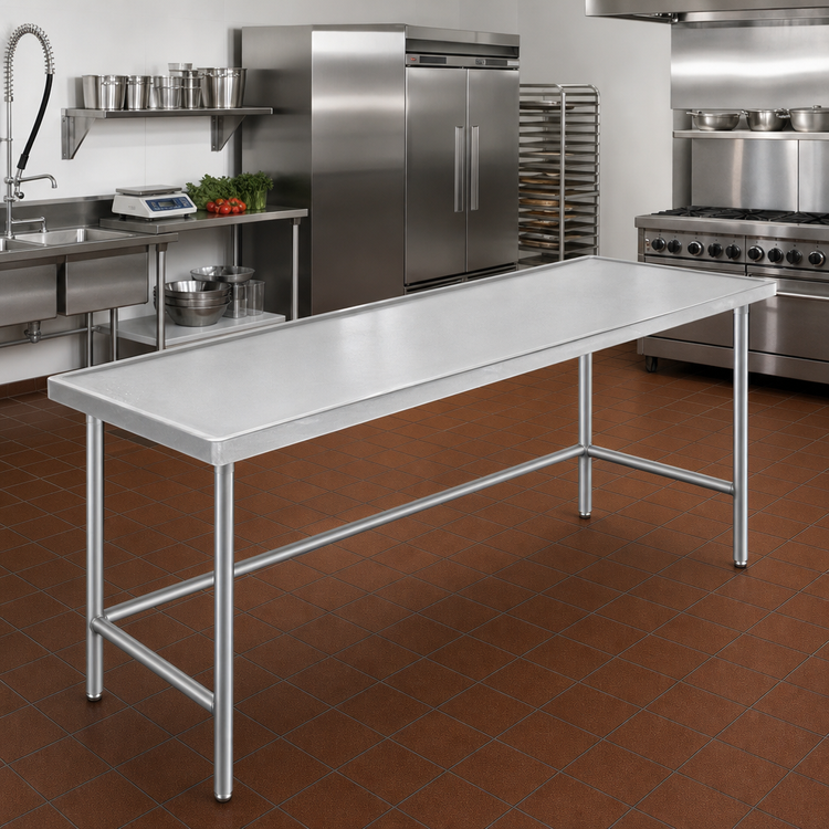 Product image #2 for Advance Tabco 144-Inch x 30-Inch 14-Gauge 304 Stainless Steel Work Table with Countertop/Marine Edge and Open Galvanized Base