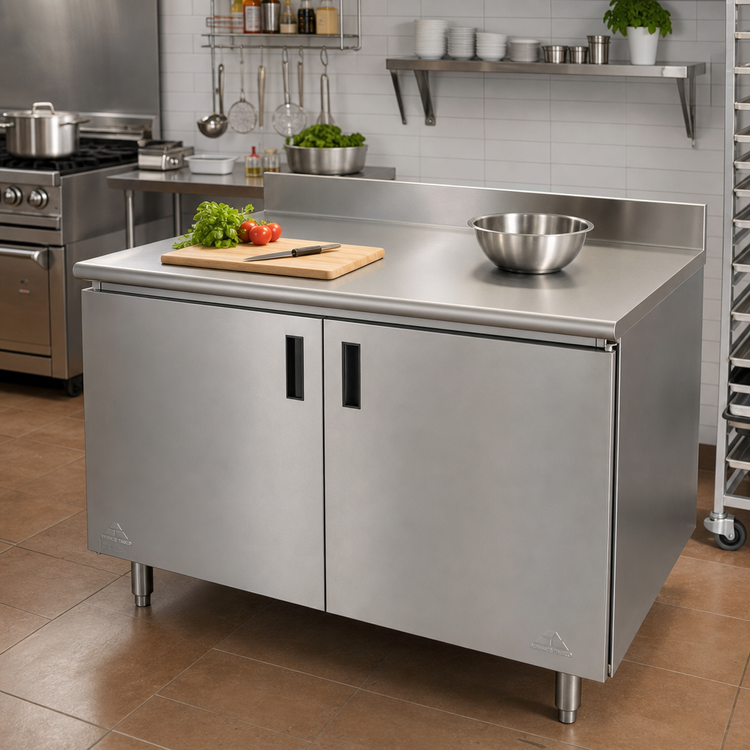 Product image #2 for Advance Tabco Enclosed Work Table with Cabinet Base and Hinged Doors, 96 in. x 24 in., 14-Gauge 304 Stainless Steel Top, 5-Inch Backsplash