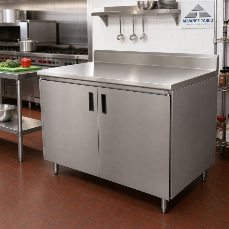 Product image #2 for Advance Tabco Special Value Economy 60 Inch x 30 Inch Enclosed Work Table with Cabinet Base and Sliding Doors, 16 Gauge 304 Stainless Steel Top, 5 Inch Backsplash