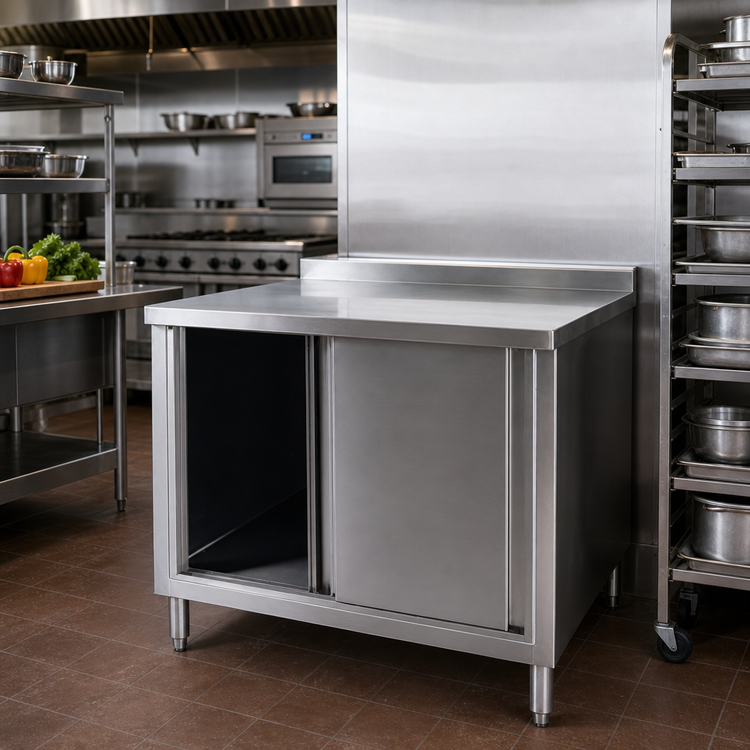 Product image #2 for 48-Inch Stainless Steel Enclosed Work Table with Sliding Doors and 2-Inch Rear Up-Turn