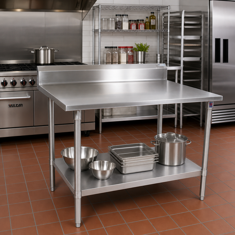Product image #2 for John Boos Stallion 48" x 24" 14-Gauge Stainless Steel Top Work Table with 5" Backsplash and Adjustable Undershelf