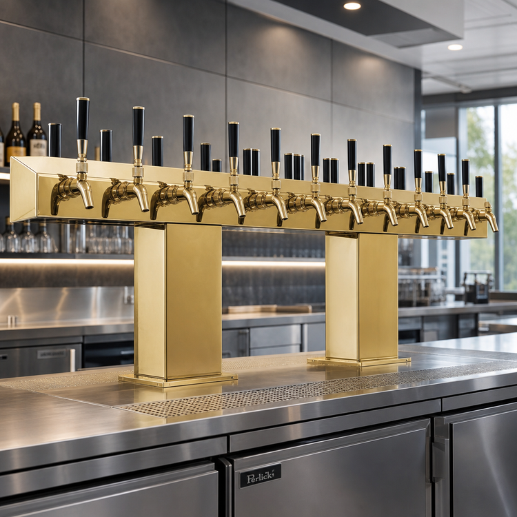 Product image #2 for Perlick Back-to-Back Bridge Tee Countertop Draft Beer Tower, Extra High, Glycol-Cooled, 36 Faucets, Brass Finish
