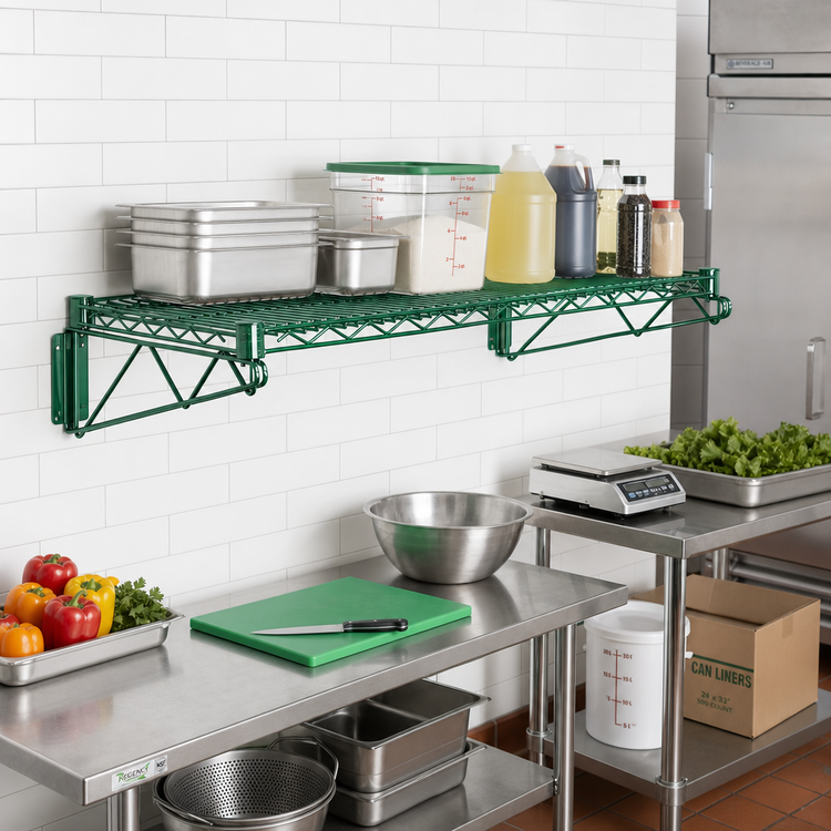 Product image #2 for Quantum Wall-Mount Cantilever Single Wire Shelf, 48 x 18 Inches, Green Epoxy Antimicrobial Finish