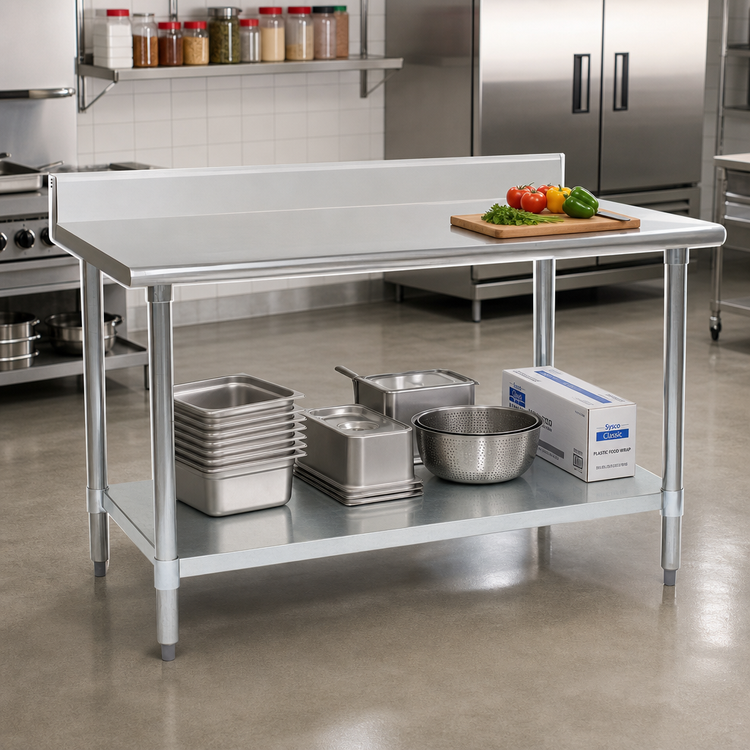 Product image #2 for Eagle Group Deluxe Series 144-Inch Stainless Steel Work Table with 4-1/2-Inch Backsplash and Undershelf