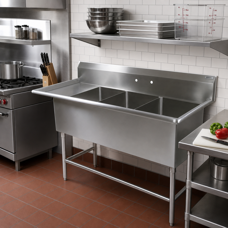 Product image #2 for John Boos Pro-Bowl 16-Gauge Stainless Steel 3-Compartment Sink with Left 30-Inch Drainboard, 18 x 24 x 12 Bowls