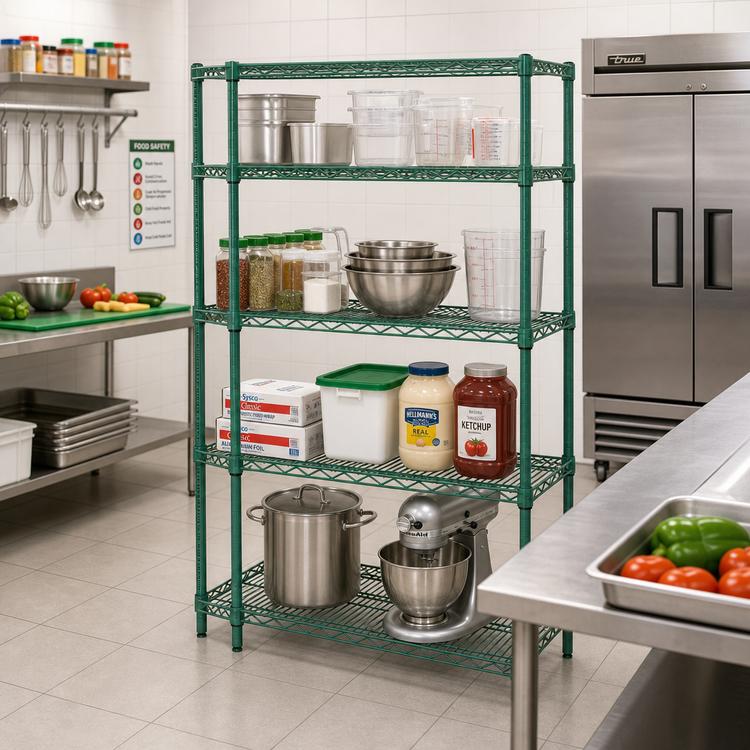 Product image #2 for Quantum Stationary 4-Shelf Wire Shelving Starter Kit, 42 x 24 x 74 Inches, Green Epoxy Antimicrobial Finish