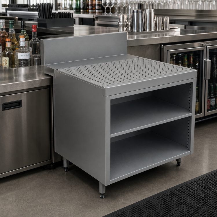 Product image #2 for Advance Tabco Prestige Supreme 36-Inch Stainless Steel Freestanding Underbar Drainboard Cabinet with Open Front and 7-Inch Backsplash