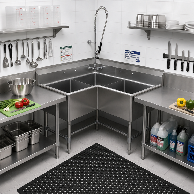 Product image #2 for 3-Compartment Corner Sink with 24 x 24 x 14 Inch Compartments, 53-1/2 Inch Corner-to-Edge