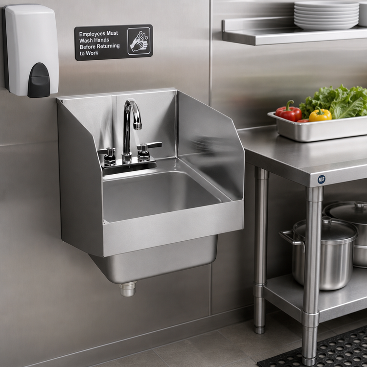 Product image #2 for Glastender Wall-Mounted Stainless Steel Hand Sink with Deck-Mount Faucet and Side Splashes, 14 x 15 Inches O.A.