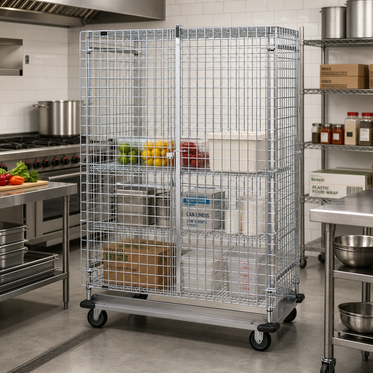 Product image #2 for Quantum Mobile Wire Security Cage Shelving Unit with Dolly Base, 48 x 18 x 70 Inches, Chrome Plated Finish