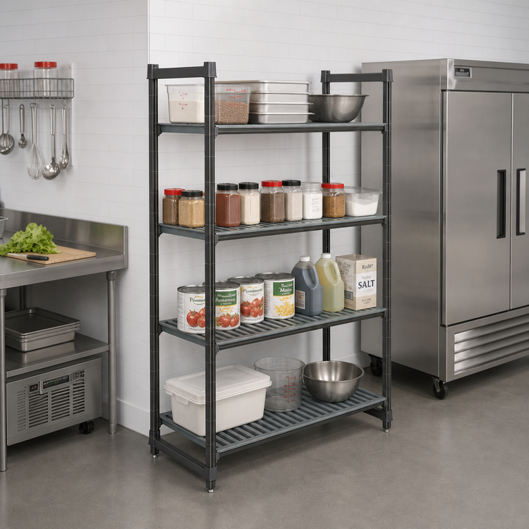 Product image #2 for Cambro Camshelving Basics Plus 4-Tier Stationary Polymer Shelving Starter Unit, 24 x 54 x 84 Inches, Brushed Graphite