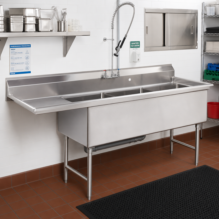 Product image #2 for Advance Tabco 3-Compartment Fabricated Sink with Left Drainboard, 30 x 24 x 14-Inch Bowls, 129-Inch Overall Length