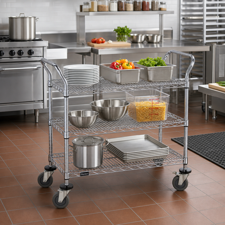 Product image #2 for Quantum Chrome-Plated 3-Shelf Utility Bus Cart, 42 x 24 x 37-1/2 Inches