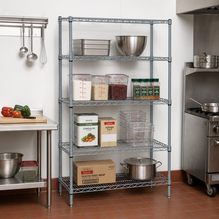 Product image #2 for Quantum Stationary Wire Shelving Starter Kit, 30"W x 14"D x 74"H, 4 Shelves, Gray Epoxy Antimicrobial Finish