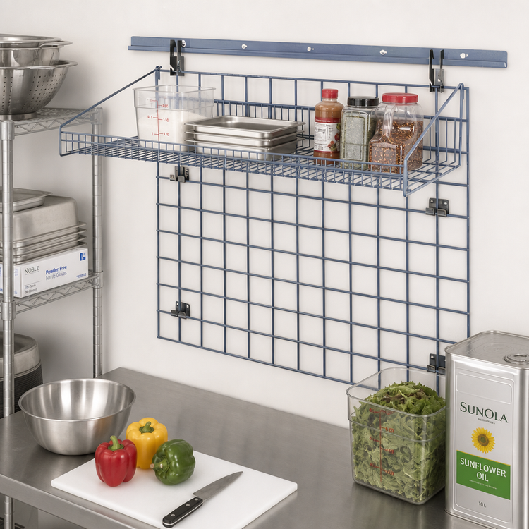 Product image #2 for Quantum Store Grid Standard-Duty Wall-Mounted Starter Kit with 40-Inch Wall Track, 36 x 30 Grid Panel, and 36 x 18 Shelf