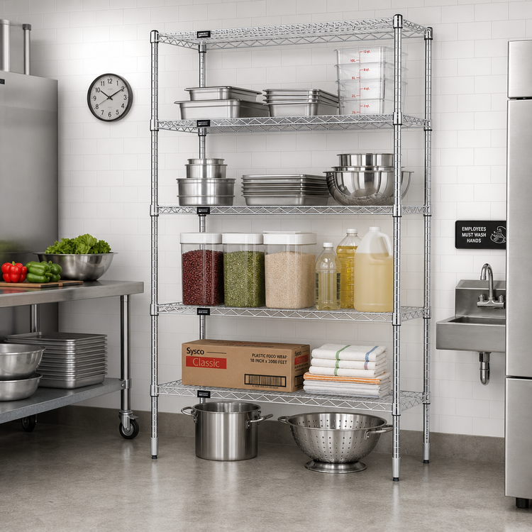 Product image #2 for Quantum 5-Shelf Stationary Wire Shelving Starter Kit, 54 x 18 x 86 Inches, 304 Stainless Steel