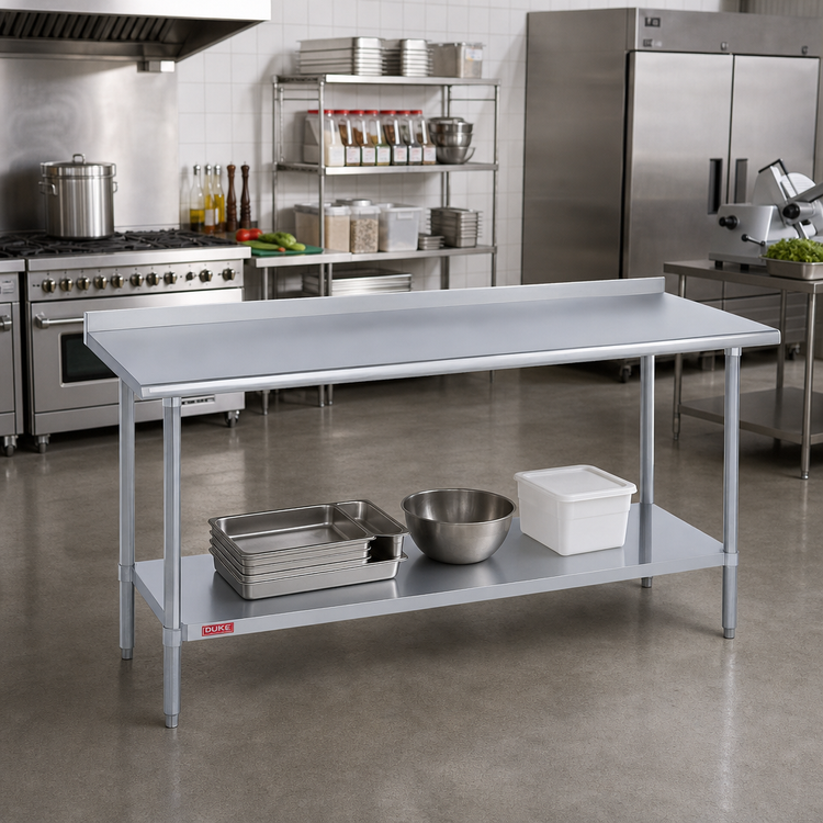 Product image #2 for Duke 108-Inch x 24-Inch 14-Gauge Stainless Steel Work Table with 1-1/8-Inch Riser and Undershelf