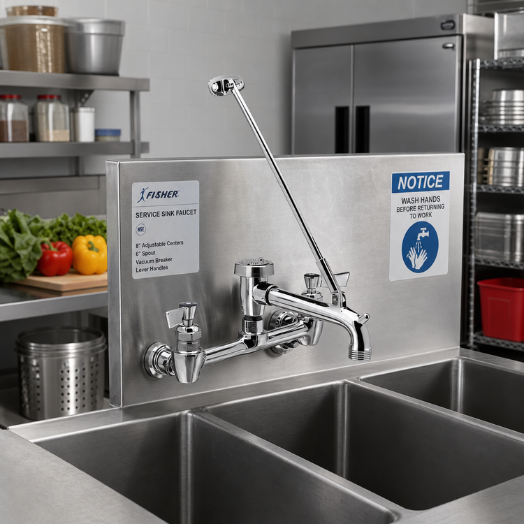 Product image #2 for Fisher Wall-Mount Service Sink Faucet, 8-Inch Adjustable Centers, 6-Inch Spout, Vacuum Breaker, Lever Handles