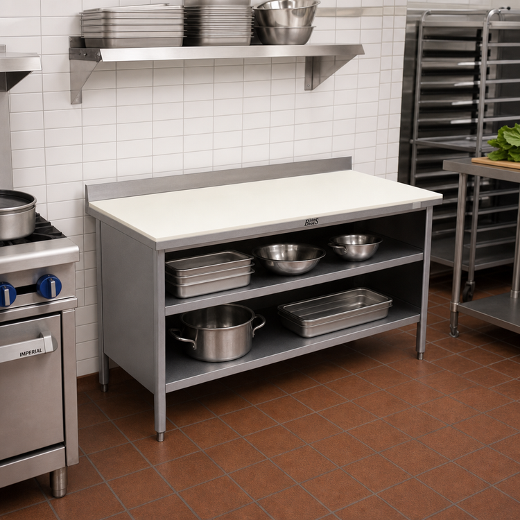 Product image #2 for John Boos 60 x 30 Inch Poly Top Work Table with Open Front Cabinet Base, Stainless Steel Construction, 5 Inch Backsplash, and Undershelf