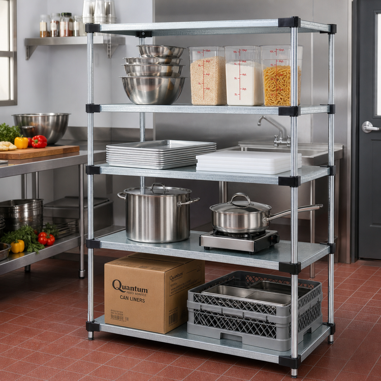 Product image #2 for Quantum 4-Shelf Solid Shelving Starter Kit, 72W x 21D x 54H, Galvanized Steel Shelves, Chrome Posts