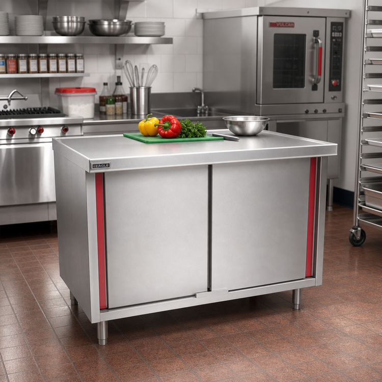 Product image #2 for Eagle Spec-Master Marine Counter Edge Enclosed Work Table with Hinged Cabinet Doors, 36W x 30D, 14-Gauge 304 Stainless Steel Top