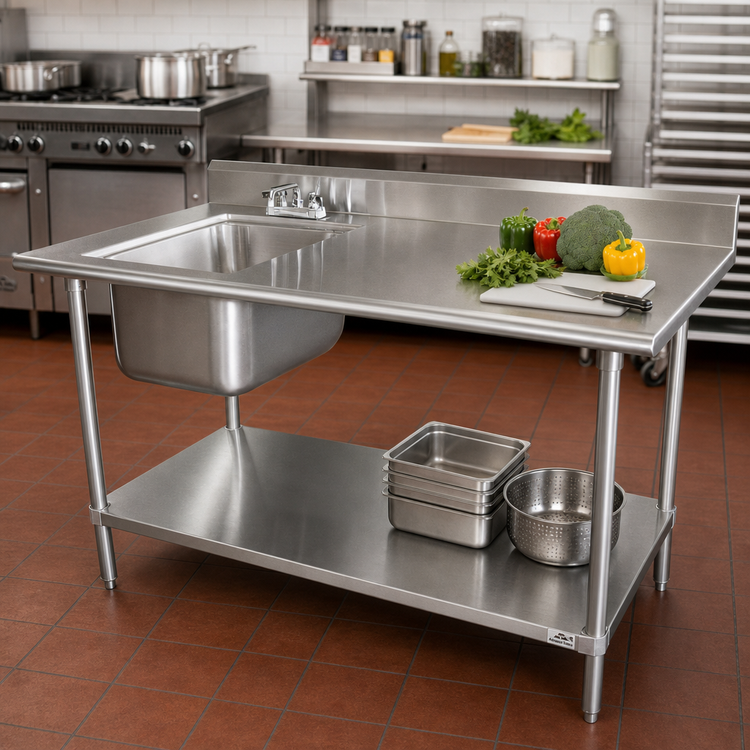 Product image #2 for Advance Tabco 48-Inch x 30-Inch Stainless Steel Work Table with Left Prep Sink, 5-Inch Backsplash and Adjustable Undershelf