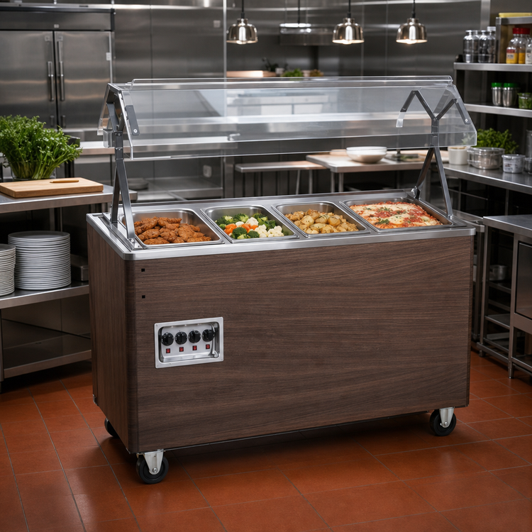 Product image #2 for Vollrath 2-Series Affordable Portable 4-Well Mobile Hot Food Station with Buffet Breath Guard and Enclosed Walnut Woodgrain Base
