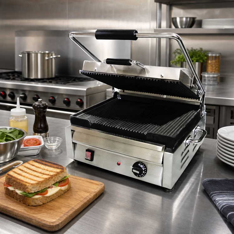 Product image #2 for Commercial Single Countertop Panini Press with Grooved Cast Iron Plates, 12 x 15 Inch Surface