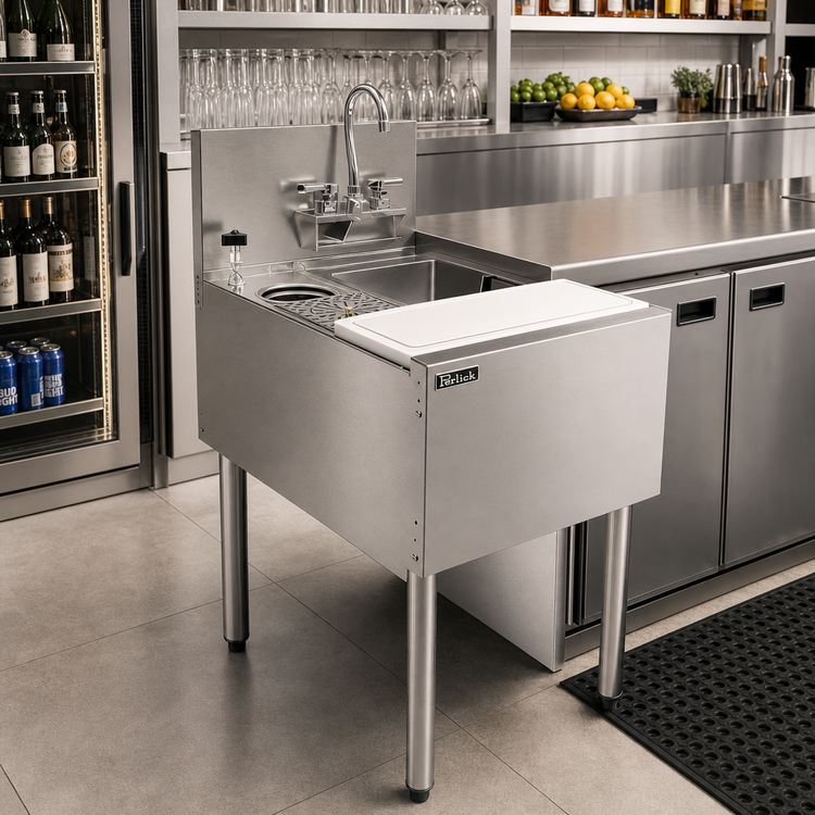 Product image #3 for Perlick Top Shelf 20-Inch Wide Stainless Steel Underbar Prep Sink with Single Bowl, Cutting Board, Glass Rinser and Tool Well