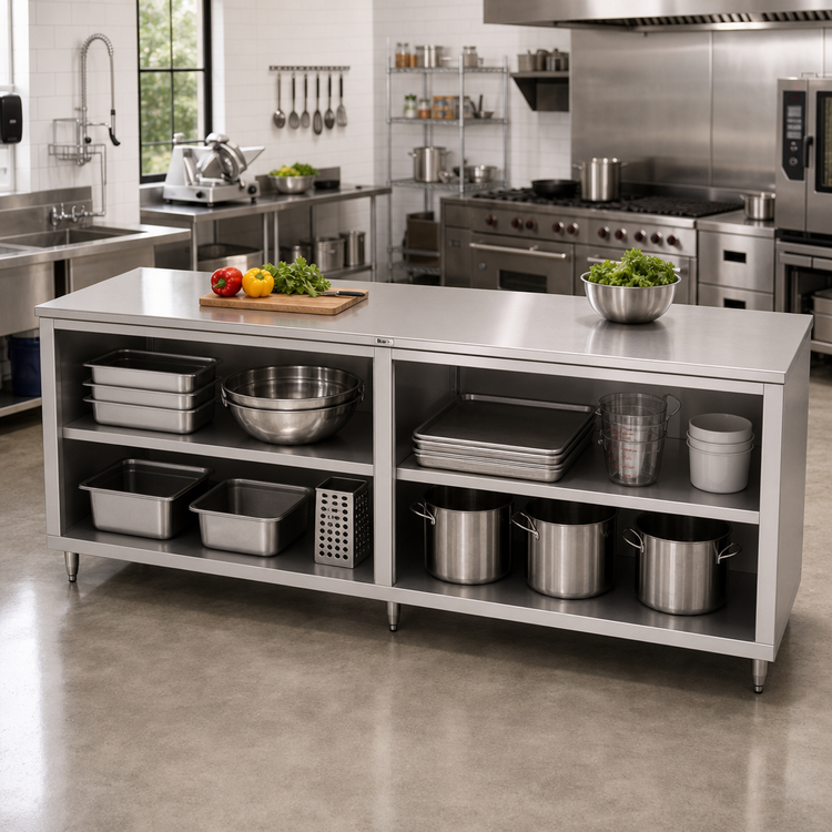 Product image #2 for John Boos 132-Inch x 24-Inch Open-Front Cabinet Base Work Table with Flat 16-Gauge Stainless Steel Top