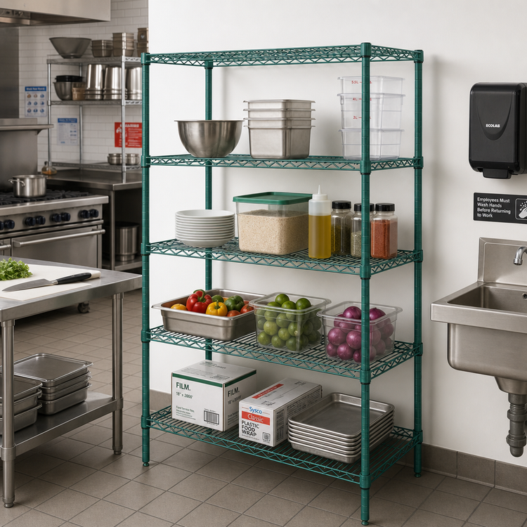 Product image #2 for Quantum 48"W x 18"D x 63"H Stationary Wire Shelving Starter Kit, 4 Shelves, Green Epoxy Antimicrobial Finish