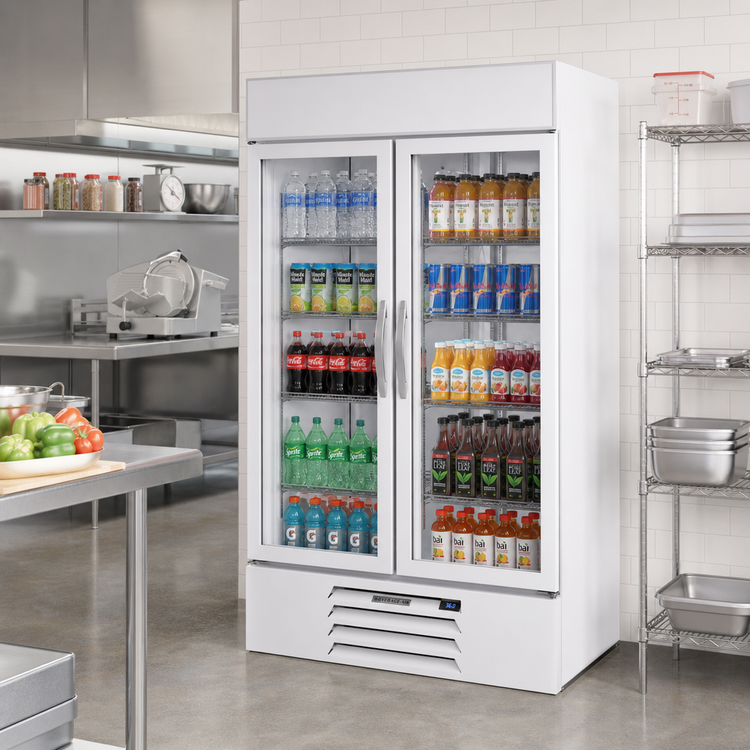 Product image #3 for Beverage-Air MarketMax 2-Section Reach-In Glass Door Refrigerated Merchandiser, 40.2 Cu. Ft., White, Bottom-Mounted