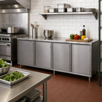 Thumbnail image #2 for BK Resources CST-30120HL Stainless Steel Chef Table with Cabinet Base and Locking Doors, 120 x 30 x 34-3/4 in, 14-Gauge Top